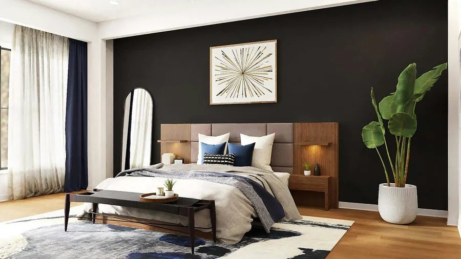Hotelzimmer mit Doppelbett und warmer Nachttischbeleuchtung